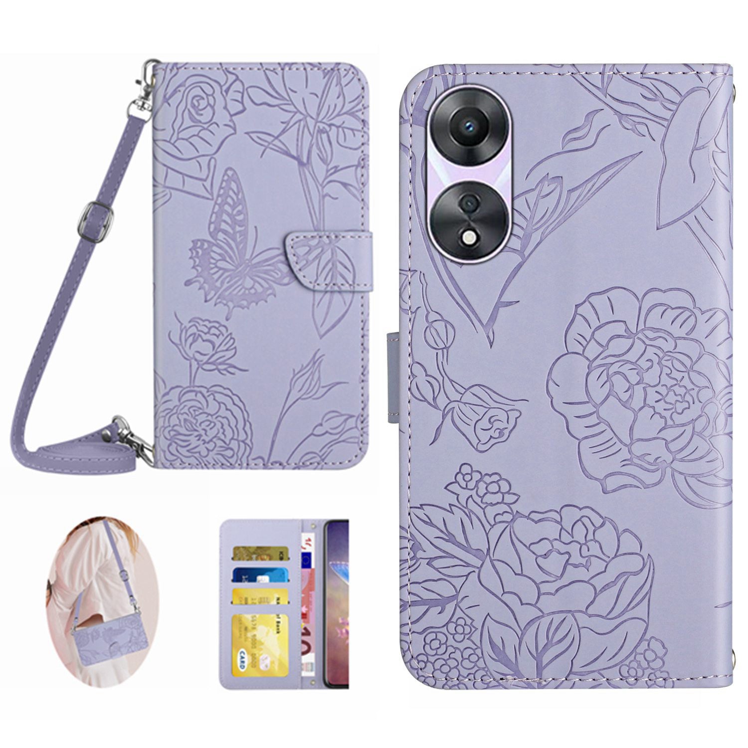 HT03 For Oppo A58 5G (China) A78 5G (Global Version) Butterfly Flowers Imprinted Leather Case Stand Wallet Cover with Shoulder Strap HT03 For Oppo A58 5G (China) A78 5G (Global Version) Butterfly Flowers Imprinted Leather Case Stand Wallet Cover with Shoulder Strap